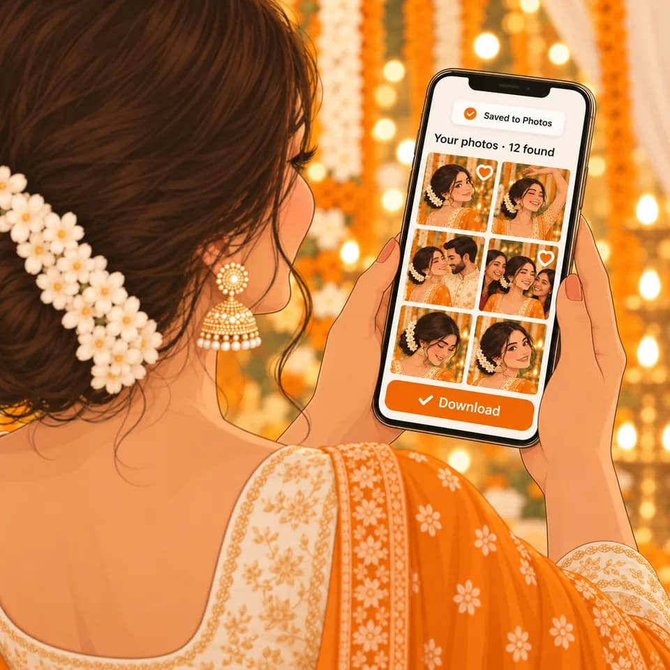 A guest looking at her phone showing the photos VowPix found of her, with a Download button and Saved to Photos