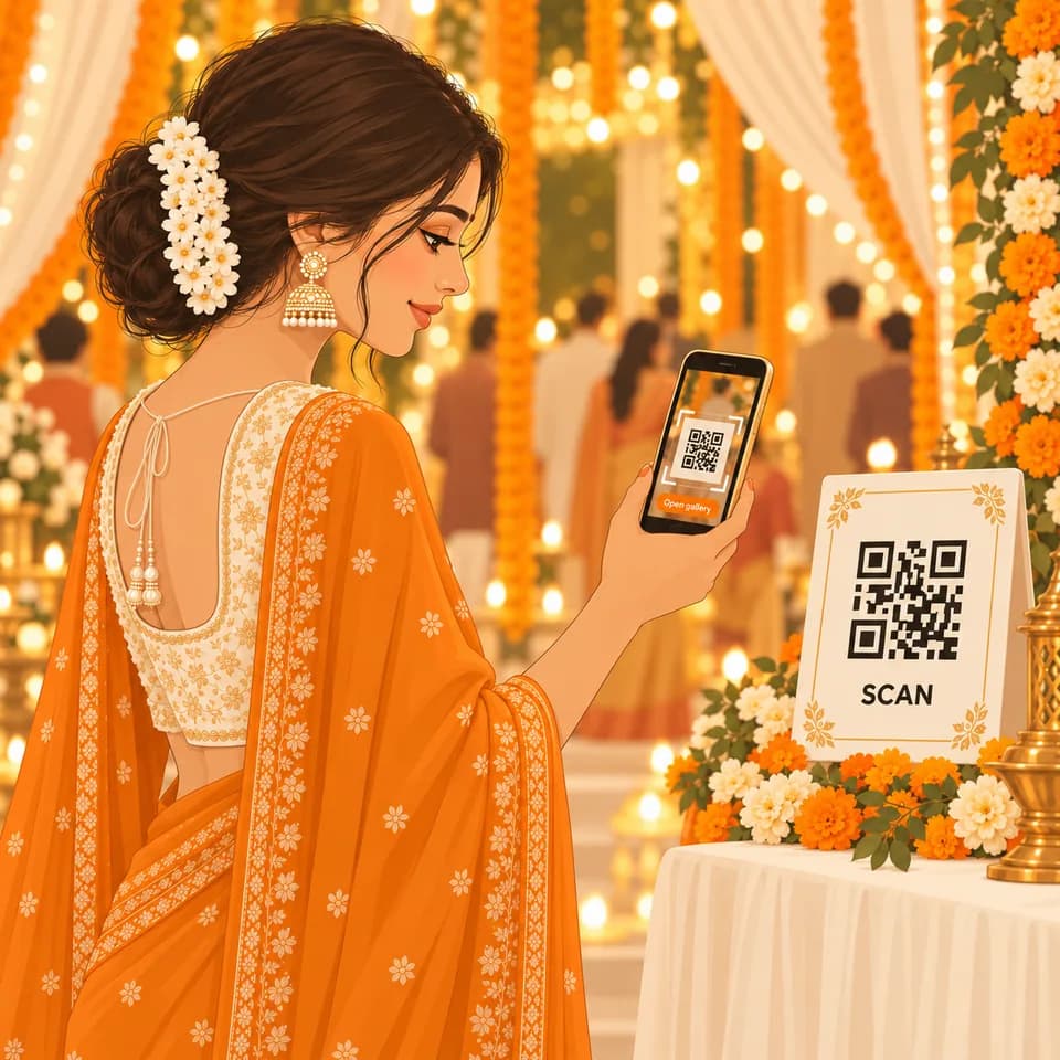A wedding guest pointing her phone at the VowPix QR standee at the venue entrance, with Open gallery on screen