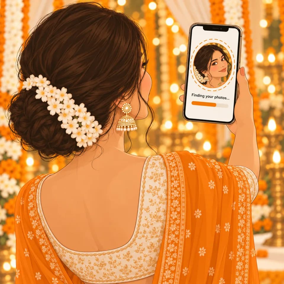 Over the shoulder of a guest taking a selfie in the VowPix gallery, the screen reading Finding your photos